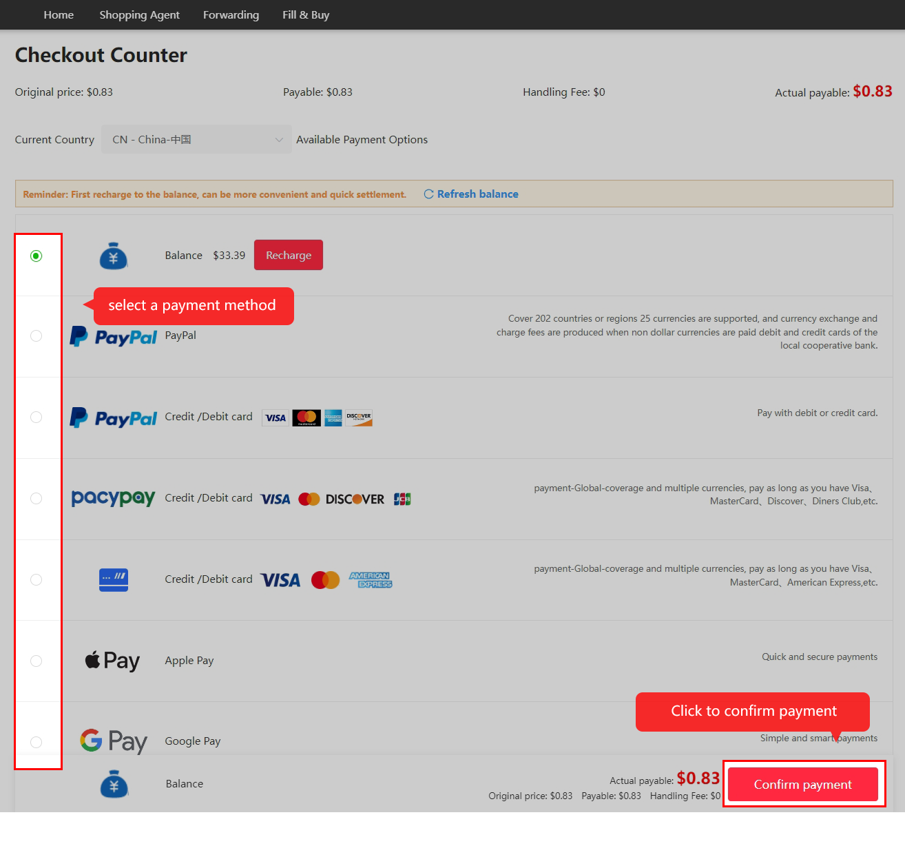 Pay for the item and seller’s domestic delivery