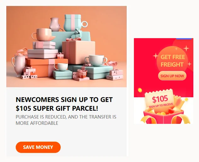 Kakobuy home card reading Newcomers sign up to get 105 dollar super gift parcel, next to the 105 dollar sign up badge from the promote page