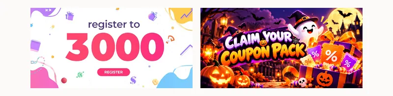 Two small Kakobuy home banners side by side: register to 3000 and a Halloween claim your coupon pack banner