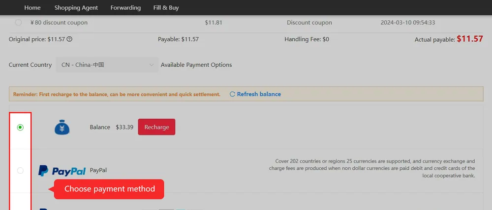 Kakobuy parcel checkout tutorial image with a coupon row showing an 80 yuan discount coupon and a timestamp of 2024-03-10 09:54:33 above the payment methods