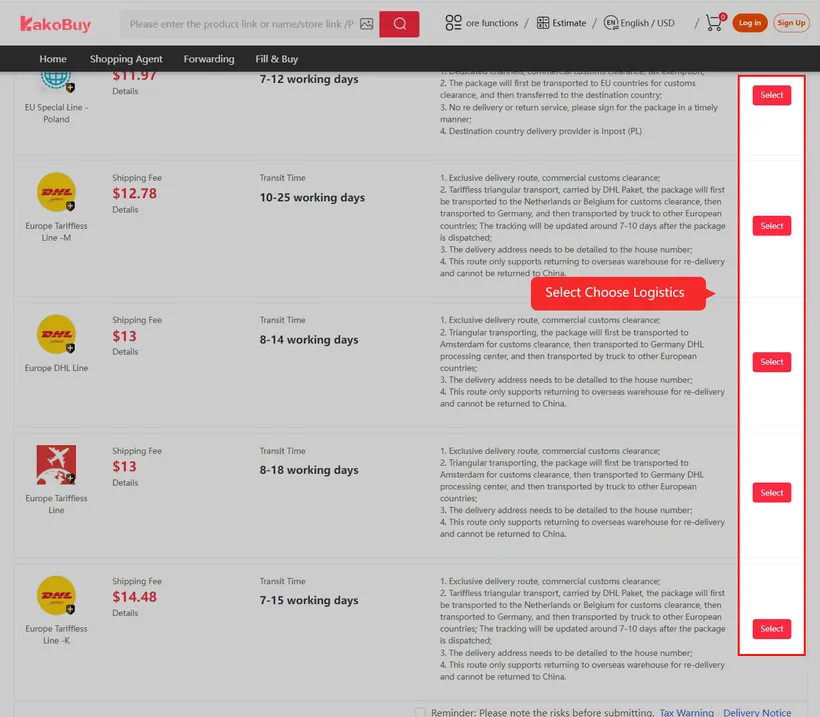 Kakobuy operator tutorial image of the choose logistics step with several Europe lines, prices, transit times and line characteristics, and select buttons