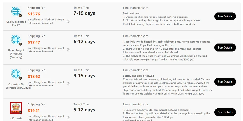 Kakobuy shipping estimator results for a 1 kg UK parcel: UK HG dedicated line 15.76 dollars, UK Air Freight Direct Line 17.47 dollars, Cosmetics Air Express 18.62 dollars, UK Line-B 19.21 dollars