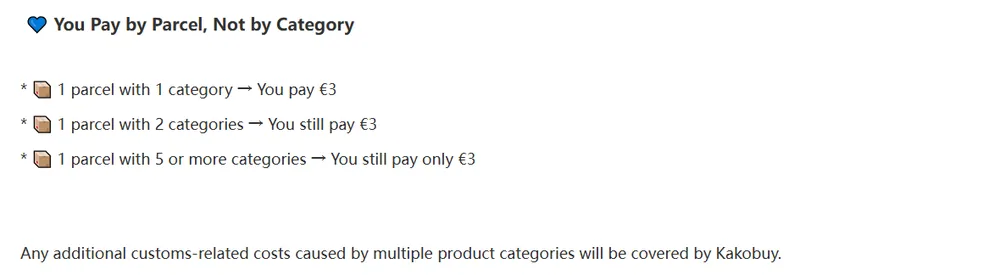 Kakobuy EU notice section You pay by parcel, not by category: one, two, or five or more categories, you still pay 3 euros