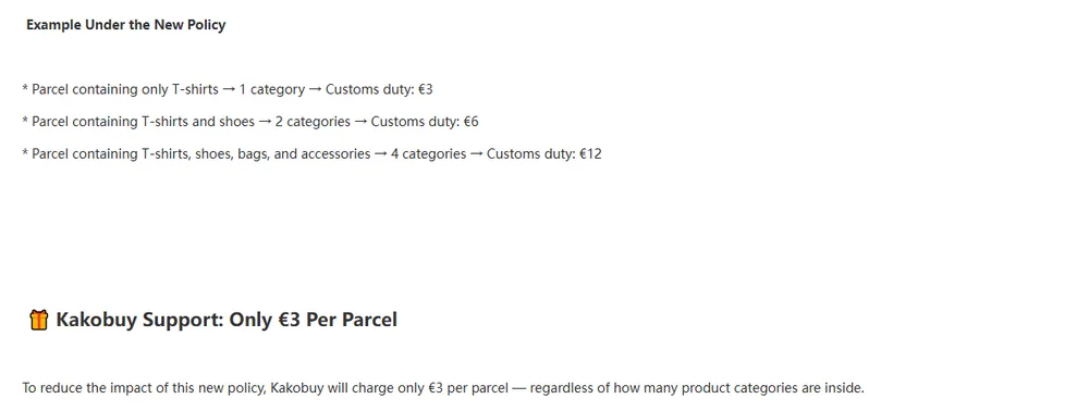 Kakobuy EU notice examples: one category 3 euros, two categories 6 euros, four categories 12 euros, followed by Kakobuy support: only 3 euros per parcel
