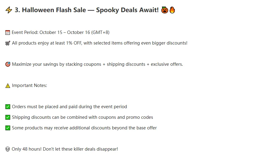 Section three of the Kakobuy Halloween notice: flash sale October 15 to 16 GMT+8, at least 1 percent off, orders must be placed and paid during the event period