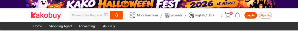 Kakobuy page header on 10 October 2026 with the Kako Halloween Fest 2026 banner above the logo, search bar and main navigation