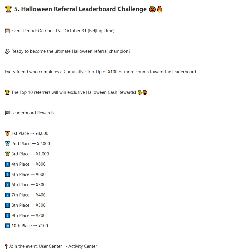 Section five of the Kakobuy Halloween notice: referral leaderboard challenge October 15 to 31 with prizes for first to tenth place