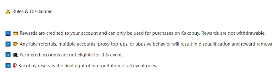 Rules and disclaimer of the Kakobuy Halloween notice: rewards not withdrawable, fake referrals disqualified, partnered accounts not eligible, final interpretation reserved