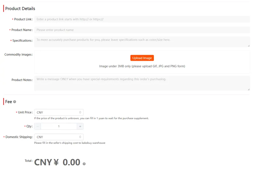 Kakobuy Fill and Buy manual order form with product link, product name, specifications, image upload, notes, unit price, quantity and domestic shipping fields