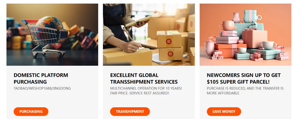 Three Kakobuy home page cards: domestic platform purchasing, global transshipment services, and newcomers sign up to get 105 dollar super gift parcel with a save money button