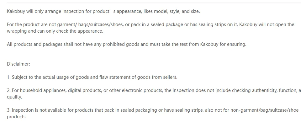 Kakobuy help article on inspection rules: appearance, model, style and size only; sealed packs not opened; no checks of authenticity, function or quality for household appliances and electronics