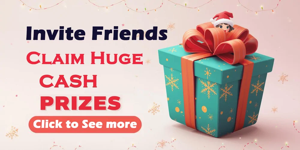 Kakobuy Invite Friends Claim Huge Cash Prizes banner with a teal gift box, snowflakes and a small figure in a Santa hat