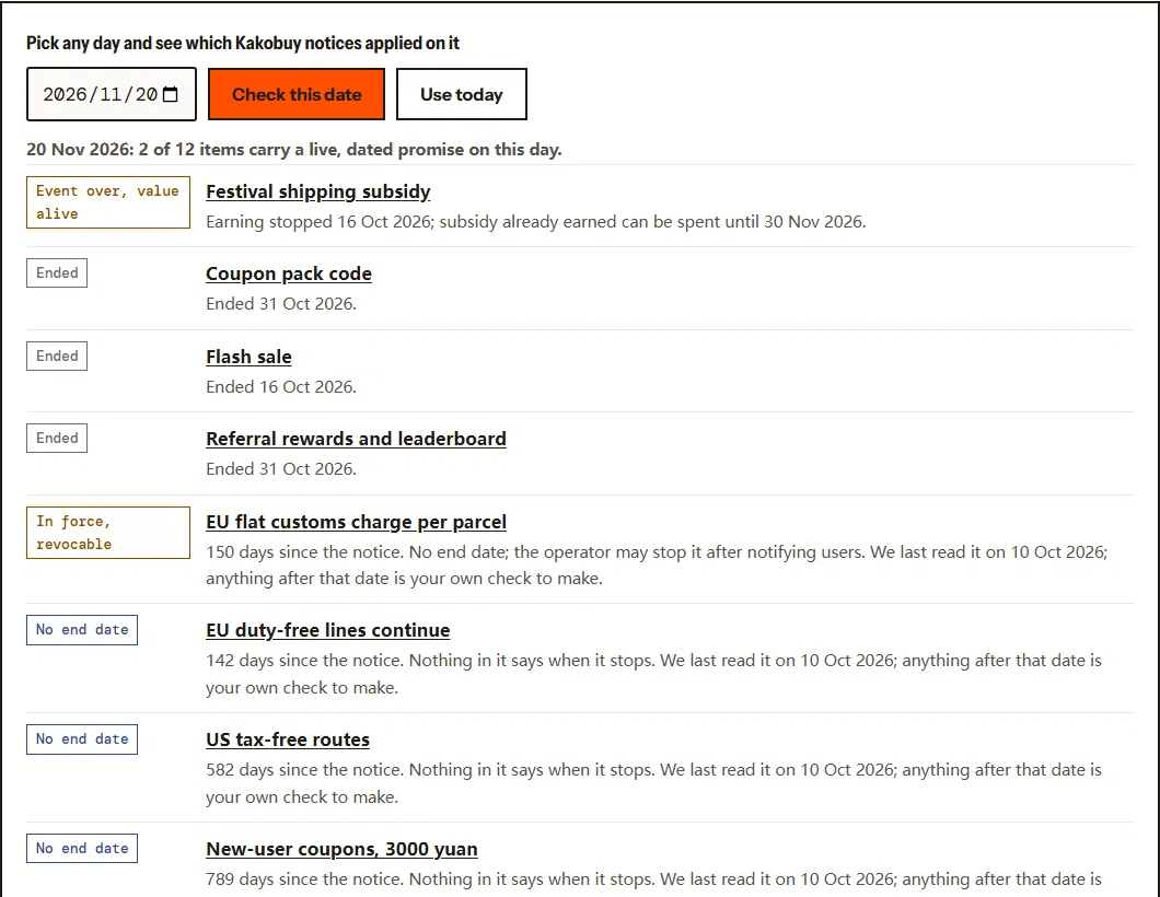 Screenshot of the date probe with 20 November 2026 selected, listing each Kakobuy notice with a status such as event over value alive, ended, or in force revocable