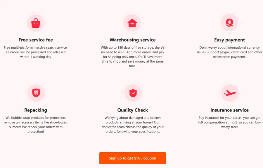 Kakobuy promote page section Why choose kakobuy with six cards including free service fee and warehousing service with up to 180 days of free storage, and a sign up to get 105 dollar coupon button