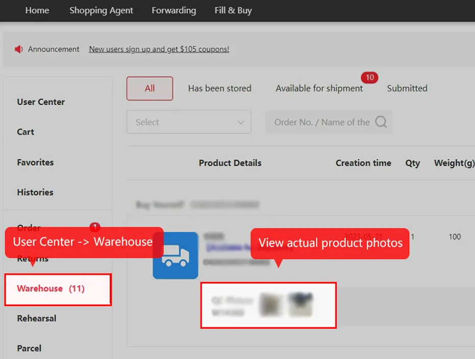 Operator tutorial of User Center, Warehouse, with a callout pointing to view actual product photos for an item