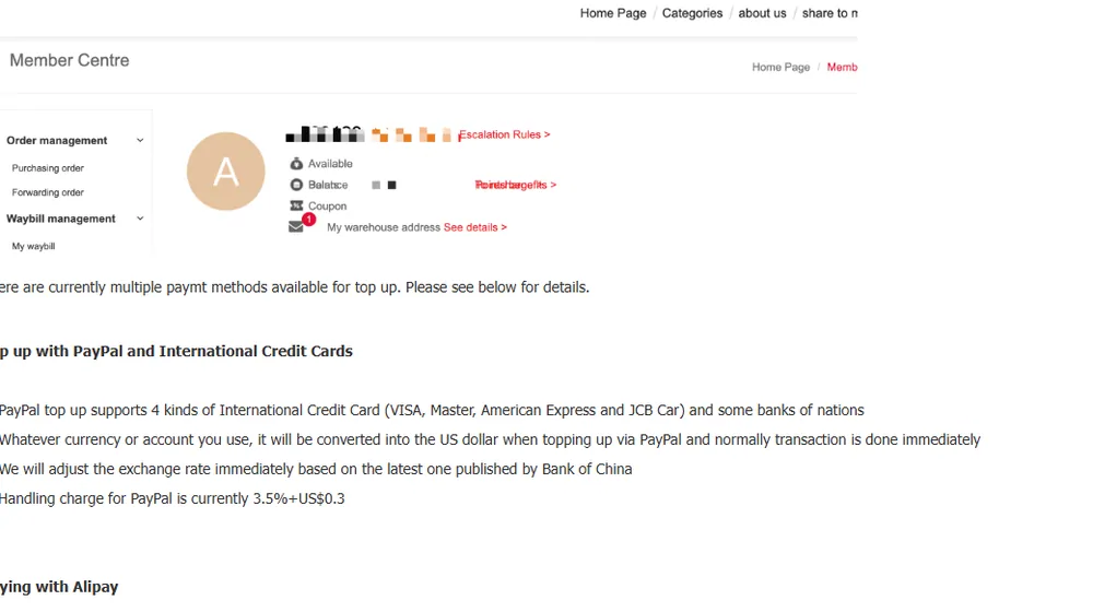 Kakobuy help article on recharge methods: PayPal and international credit card top-ups converted to US dollars, exchange rate adjusted to the latest Bank of China rate, PayPal handling charge 3.5 percent plus 0.3 dollars