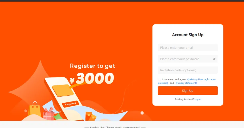 Kakobuy account sign up page with the banner Register to get 3000 yuan beside the email, password and optional invitation code fields