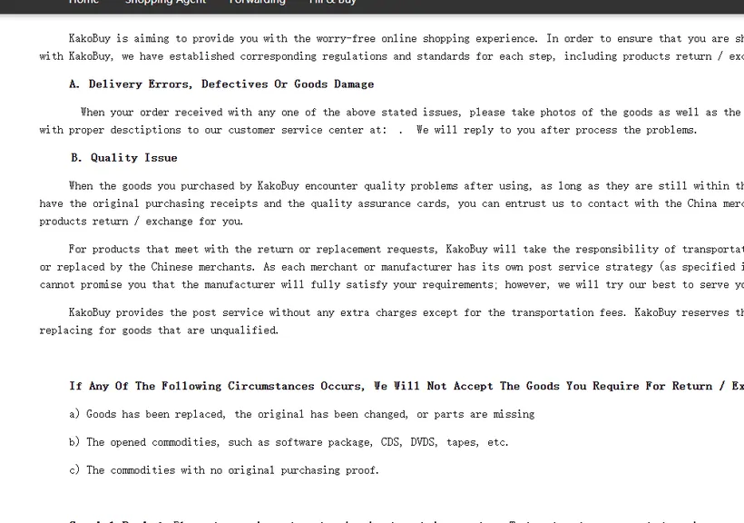 Kakobuy return policy page text on delivery errors, defects and quality issues and circumstances where returns are not accepted