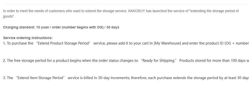 Kakobuy help article on extending the storage period, with the charging standard 10 yuan per order per 30 days and the note that free storage begins at Ready for Shipping