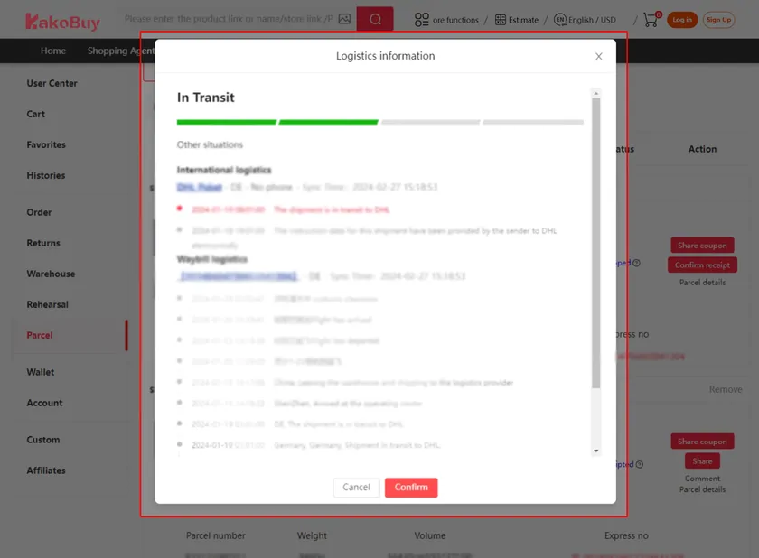 Kakobuy operator tutorial of the parcel logistics information window with an in transit progress bar and tracking events