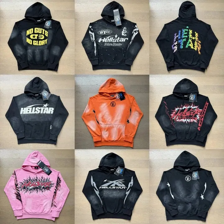 Grid of graphic print hoodies in black, orange and pink with large chest prints