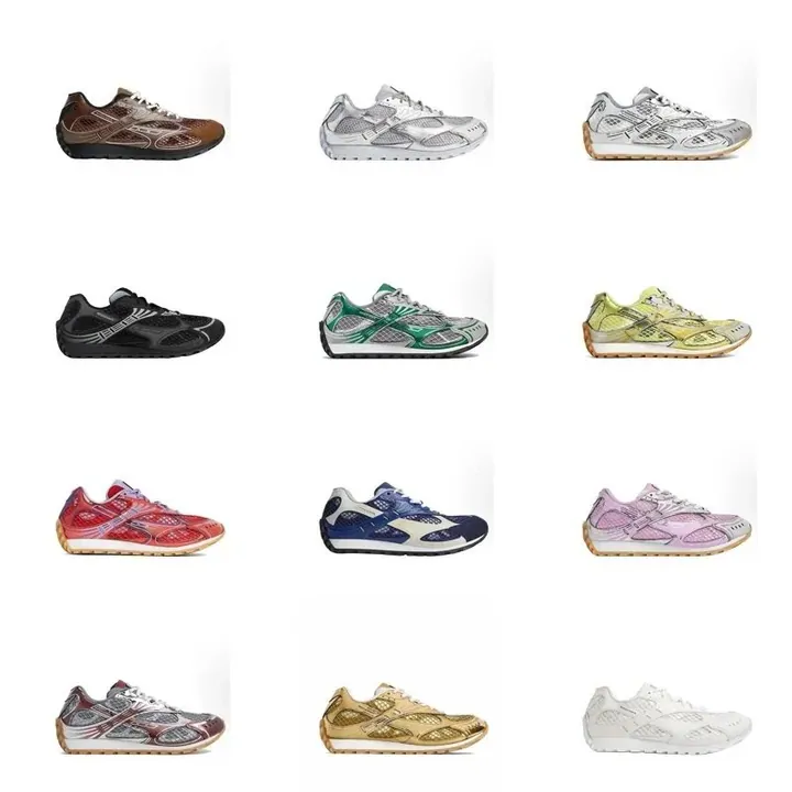 Grid of running shoes in pink, black, grey and pastel colourways on blue boxes