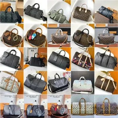 Grid of monogram and checked duffle and holdall bags
