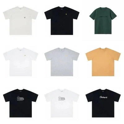 Nine plain and small-logo tees in white, black, green, grey and tan laid flat