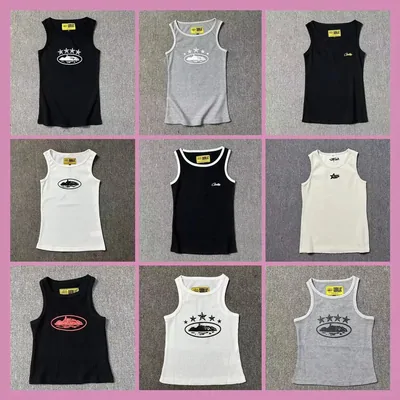 Grid of ribbed tank tops in black, grey and white with small chest prints